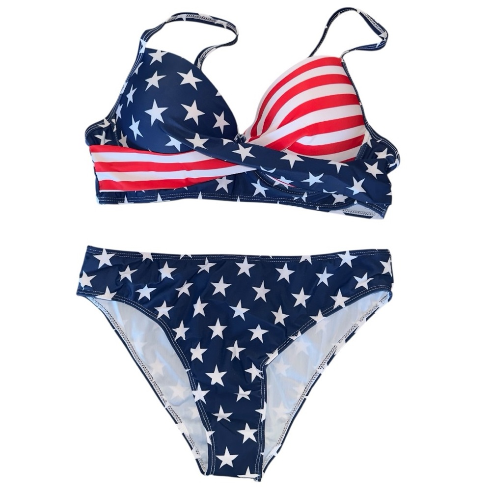 American Flag Star Print Bikini Set Red White Blue Two Piece Size Large - Picture 2 of 10